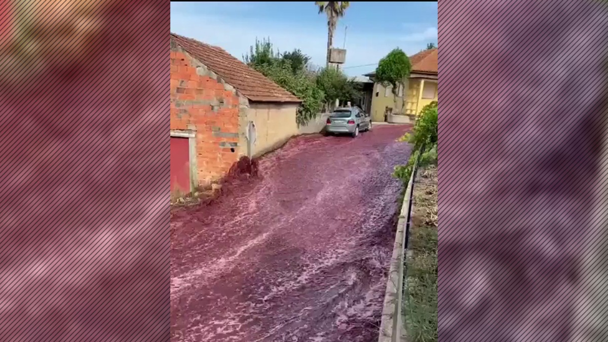 Oraș invadat de un râu de culoare roșie, după ce din două camioane s-au vărsat, din greșeală, milioane de litri de vin