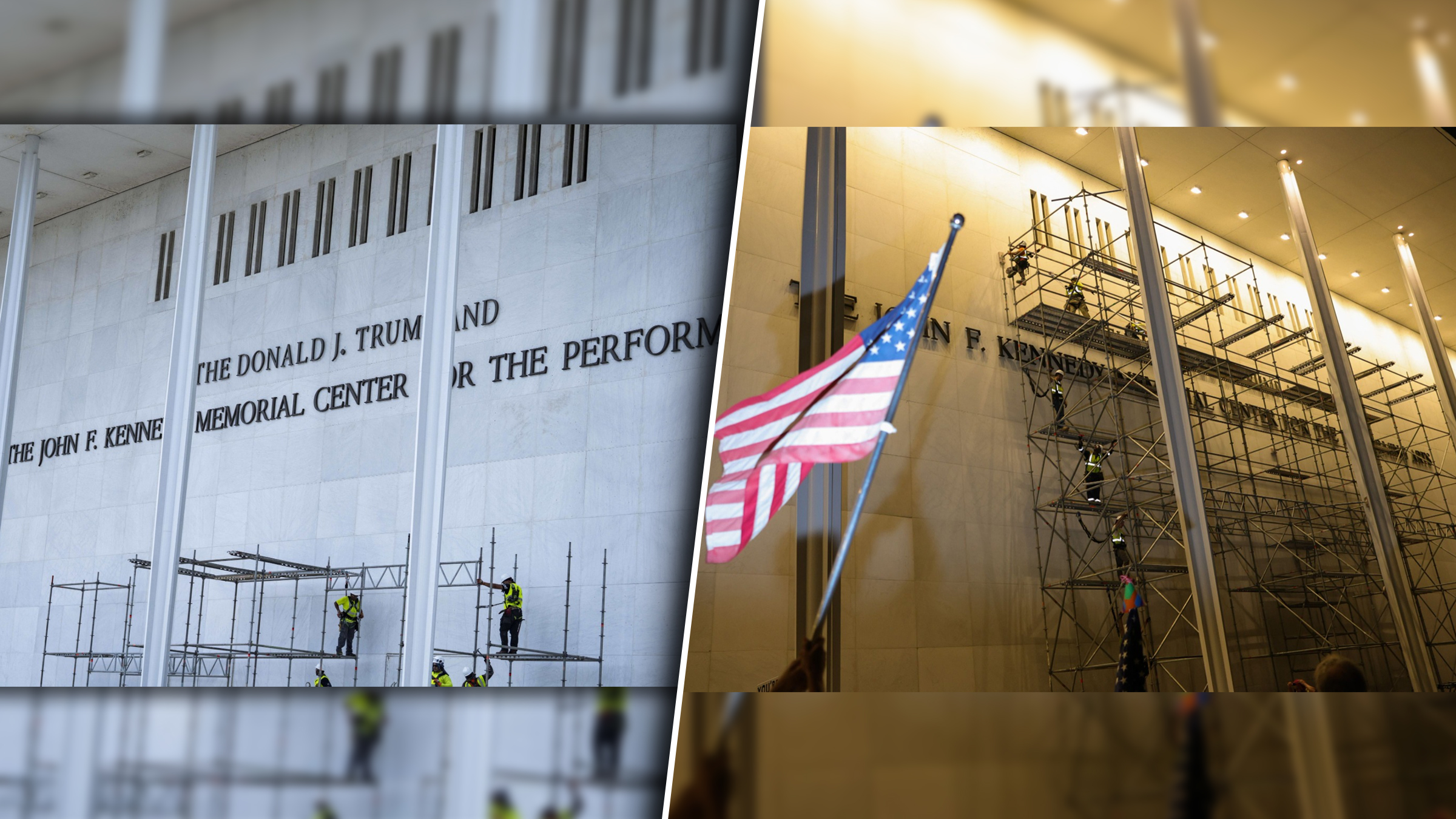 Imagini cu momentul când numele lui Donald Trump a fost îndepărtat de pe clădirea Kennedy Center, chiar înainte de ziua de naștere a președintelui
